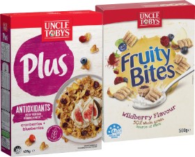 Uncle+Tobys+Plus+Cereal+410%E2%80%91435g+or+Fruity+Bites+Wildberry+Flavour+500g+Selected+Varieties