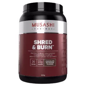 Musashi+Shred+%26amp%3B+Burn+Protein+Powder+Chocolate+Milkshake+900g