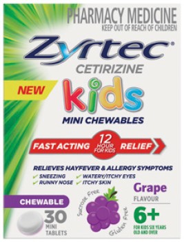 Zyrtec+Kids+Hayfever+%26amp%3B+Allergy+Relief+Grape+Flavour+30+Chewable+Mini+Tablets