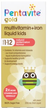 Pentavite+Gold+Multivitamin+%2B+Iron+Liquid+Kids+1-12+Years+Watermelon+Flavour+200mL