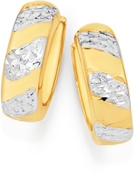 9ct+Gold+Two+Tone+5x12mm+Diamond-Cut+Striped+Huggie+Earrings