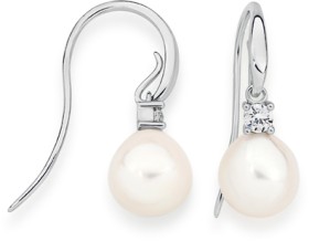 Sterling+Silver+8x8.5mm+Cultured+Freshwater+Pearl+%26amp%3B+Cubic+Zirconia+Drops