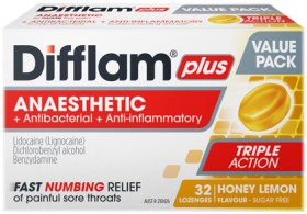Difflam-Plus-Anaesthetic-Sore-Throat-Triple-Action-Honey-Lemon-Flavour-32-Lozenges on sale