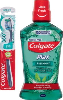 Colgate-360-Toothbrush-1-Pack-or-Plax-Mouthwash-500mL-Selected-Varieties on sale