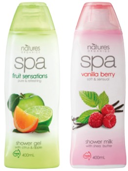 Natures+Organics+Spa+Shower+Milk+or+Gel+400mL+Selected+Varieties