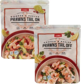 Coles-Cooked-and-Peeled-Prawns-Tail-On-or-Tail-Off-350g on sale
