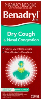 Benadryl-PE-Dry-Cough-Nasal-Congestion-Cough-Liquid-200mL on sale