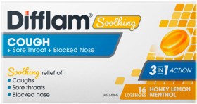 NEW+Difflam+Soothing+Cough+%2B+Sore+Throat+%2B+Blocked+Nose+Lozenges+Honey+Lemon+Menthol+16+Lozenges