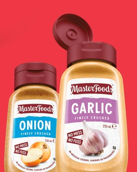 NEW-MasterFoods-Finely-Crushed-Garlic-280g-Ginger-or-Chopped-Onion-270g-Squeeze-Bottle on sale