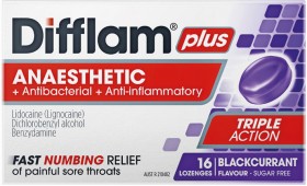 Difflam+Plus+Anaesthetic+%2B+Antibacterial+%2B+Anti-Inflammatory+Blackcurrant+Flavour+16+Lozenges
