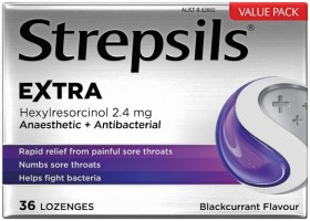 Strepsils-Extra-Anaesthetic-Antibacterial-Blackcurrant-Flavour-36-Lozenges on sale