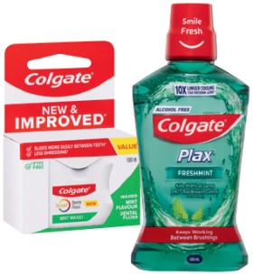 Colgate-Plax-Mouthwash-500mL-Total-Mint-Waxed-Dental-Floss-100m-MaxFresh-Toothpaste-100g-Optic-White-Toothbrush-2-Pack-or-360-Charcoal-3-Pack-Selected-Varieties on sale