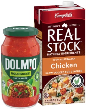 Dolmio-Pasta-Sauce-490500g-or-Campbells-Real-Stock-1-Litre-Selected-Varieties on sale