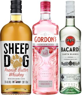 Sheep-Dog-Peanut-Butter-Whiskey-Gordons-Premium-Pink-Gin-or-Bacardi-Carta-Blanca-Rum-700mL on sale