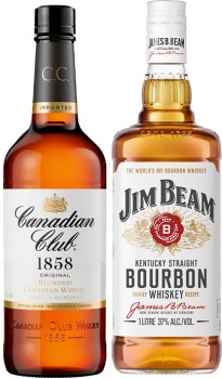 Canadian-Club-Whisky-or-Jim-Beam-White-Label-Bourbon-1-Litre on sale