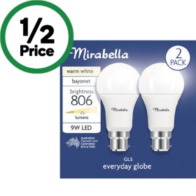 Mirabella+LED+GLS+Bayonet+or+Edison+Screw+9W+806lm+Light+Globe+Pk+2