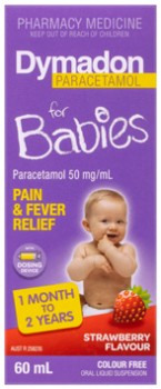 Dymadon+Paracetamol+For+Babies+1+Month+to+2+Years+Colour+Free+Strawberry+Flavour+60mL