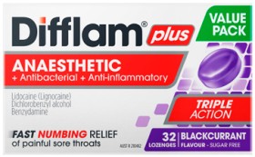 NEW+Difflam+Plus+Anaesthetic+Blackcurrant+Flavour+Value+Pack+32+Lozenges