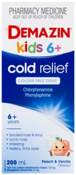 Demazin+Kids+6%2B+Cold+Relief+Colour+Free+Syrup+Peach+%26amp%3B+Vanilla+Flavour+200mL