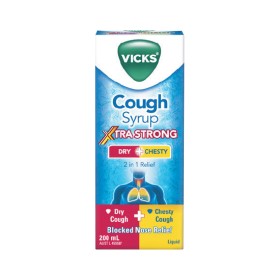 Vicks-Dry-Chesty-Cough-Syrup-Xtra-Strong-Blocked-Nose-Relief-200ml on sale