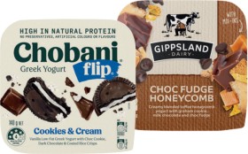 Chobani+Flip+Greek+Yogurt+or+Gippsland+Dairy+Yogurt+Mix%E2%80%91Ins+140g+Selected+Varieties