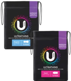 U-By-Kotex-Ultra-Thin-Pads-with-Wings-Regular-14-Pack-or-Super-12-Pack on sale