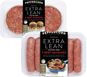 Peppercorn+Extra+Lean+Beef+Burgers+or+Sausages+450g-500g