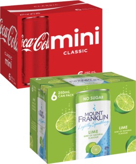 Coca-Cola+Soft+Drink+or+Mt+Franklin+Lightly+Sparkling+Water+6x250mL