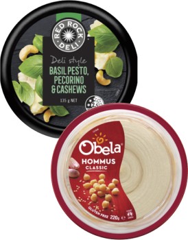 Obela-Garnished-Hommus-Dip-220g-or-Red-Rock-Deli-Dip-135g on sale