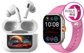 NEW-AIWA-Smartwatch-with-Noise-Cancelling-Earbuds-and-Extra-Strap-Pink on sale