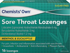 Chemists%26rsquo%3B+Own+Sore+Throat+Lozenges+Menthol+%26amp%3B+Eucalyptus+16+Pack%2A