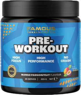 Famous-Nutrition-Pre-Workout-Mango-Passionfruit-225g on sale