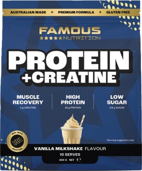 Famous-Nutrition-Protein-Creatine-Vanilla-Milkshake-Flavour-400g on sale