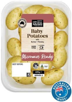 Coles-Kitchen-Baby-Potatoes-Herb-Butter-400g on sale