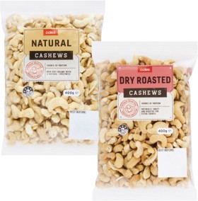 Coles-Dry-Roasted-Natural-or-Roasted-Salted-Cashews-400g-Pack on sale