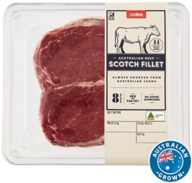 Coles-Australian-No-Added-Hormones-Beef-Scotch-Fillet-Steak-2-Pack-480g on sale