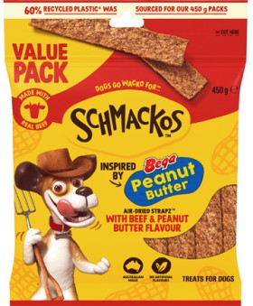NEW-Schmackos-Strapz-Inspired-By-Bega-Peanut-Butter-Dog-Treats-450g on sale