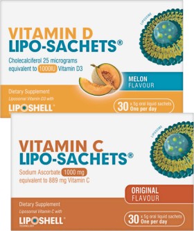 Lipo-Sachets-Vitamin-D-Melon-Flavour-or-Vitamin-C-Original-Flavour-30-Sachets on sale