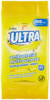 Coles-Ultra-Antibacterial-Multi-Purpose-Biodegradable-Wipes-100-Pack on sale