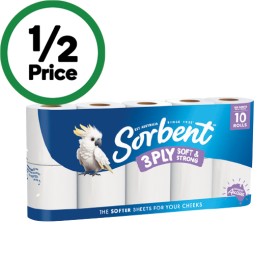 Sorbent-3-PLY-White-Toilet-Paper-Pk-10 on sale
