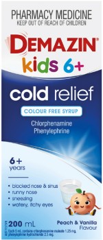 Demazin-Kids-6-Cold-Relief-Peach-Vanilla-Flavour-200mL on sale