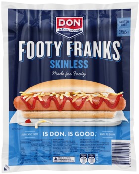 Don-Footy-Franks-Skinless-375g on sale