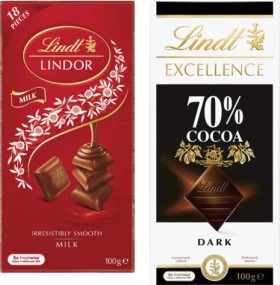 Lindt-Excellence-or-Lindor-Block-Chocolate-80g-100g on sale