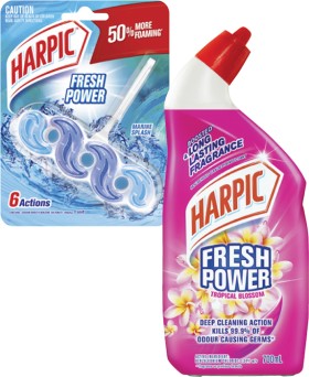 Harpic-Fresh-Power-Liquid-700mL-or-Fresh-Power-In-The-Bowl-Toilet-Cleaner-39g on sale