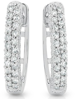 9ct+White+Gold+Diamond+Two+Row+Huggie+Earrings