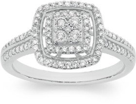 9ct+White+Gold+Diamond+Cushion+Halo+Cluster+Ring