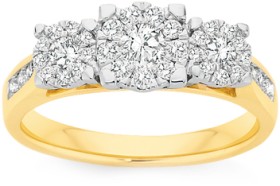 9ct-Gold-Diamond-Cluster-Trilogy-Ring on sale