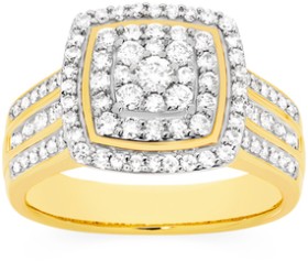 9ct+Gold+Diamond+Cushion+Cluster+Ring