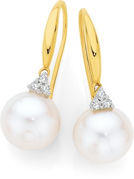 9ct+Gold+Cultured+Freshwater+Pearl+%26amp%3B+Diamond+Hook+Earrings