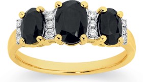 9ct+Gold+Black+Sapphire+%26amp%3B+Diamond+Trilogy+Ring